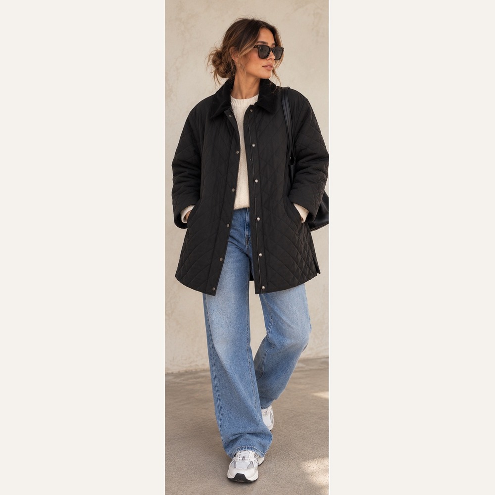 LL Bean Black Quilted Thermore Insulated Jacket Corduroy Collar Women 2X Large